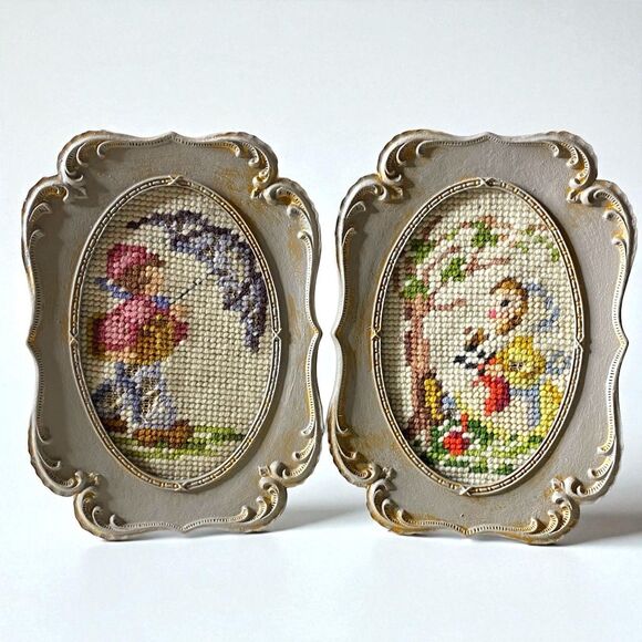 Vintage Framed Needlepoint Art Pair Girl Umbrella Tree 5x7 Framed Nature Cottage - Picture 1 of 12